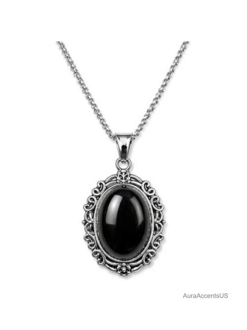 Onyx Pendant Necklace Stainless Steel Adjustable Chain Retro Women